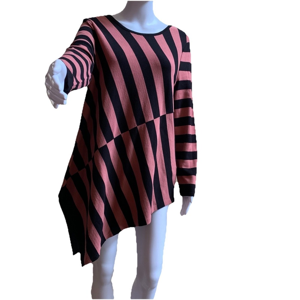 ALFANI Striped Asymmetric Top Rayon & Nylon Blend Pullover SZ L. dusty rose & B-